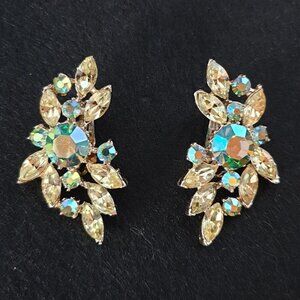 Bold Yellow & Aurora Borealis Rhinestone Floral Earrings – Statement Sparkle